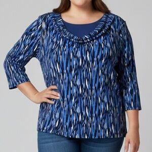 😍SHOW SPECIAL - TRADITION Blue and White cowl Neck 3/4 Sleeve Blouse 1X